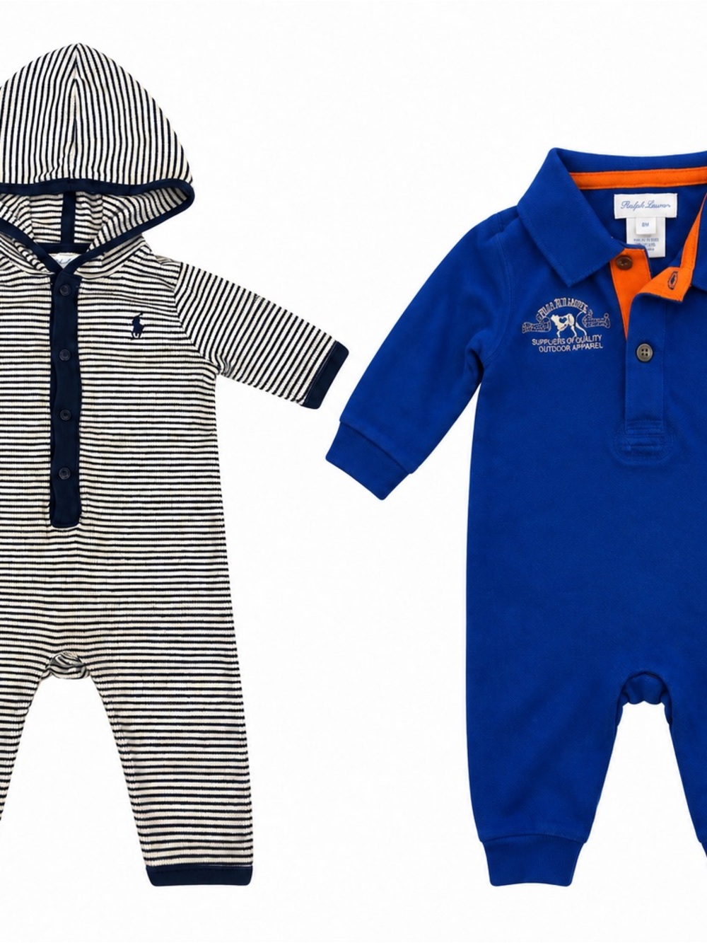 Ralph Lauren Baby 6M Romper Bundle Hoodie Stripe + Blue Polo Coverall